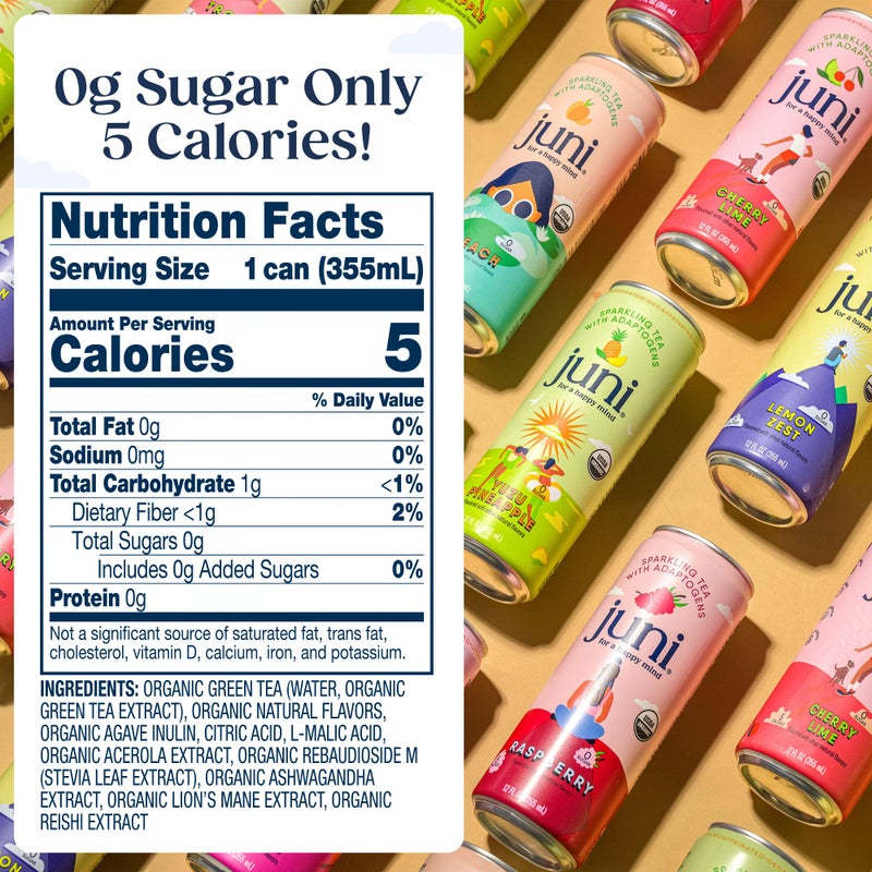 Juni Sparkling Adaptogen Drink with Ashwagandha, Lion’s Mane & Reishi Mushrooms | Green Tea for Focus, Zero Sugar, 5 Calories, Organic | Non Alcoholic Drinks - Variety Pack 12 pack - Image 3